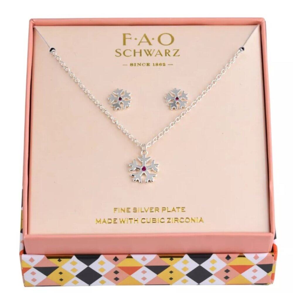 FAO Schwarz Dainty Snowflake Necklace & Earring Set Fine Silver Plating Red CZ